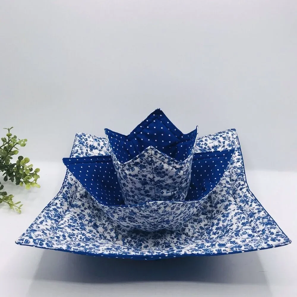 3 Piece Set Microwave Cozies, Reversible Colonial Blue Floral, Plate, Bowl, Pint